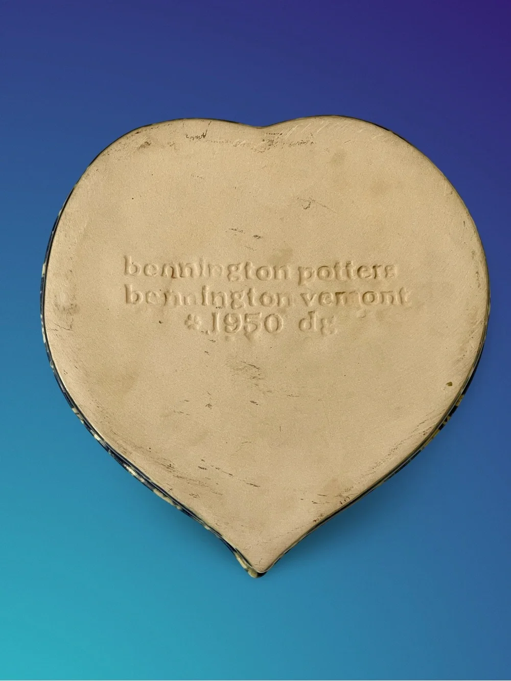 Bennington Potters MCM Spongeware Heart Dish #1950 Blue Agate Glaze, Vermont USA